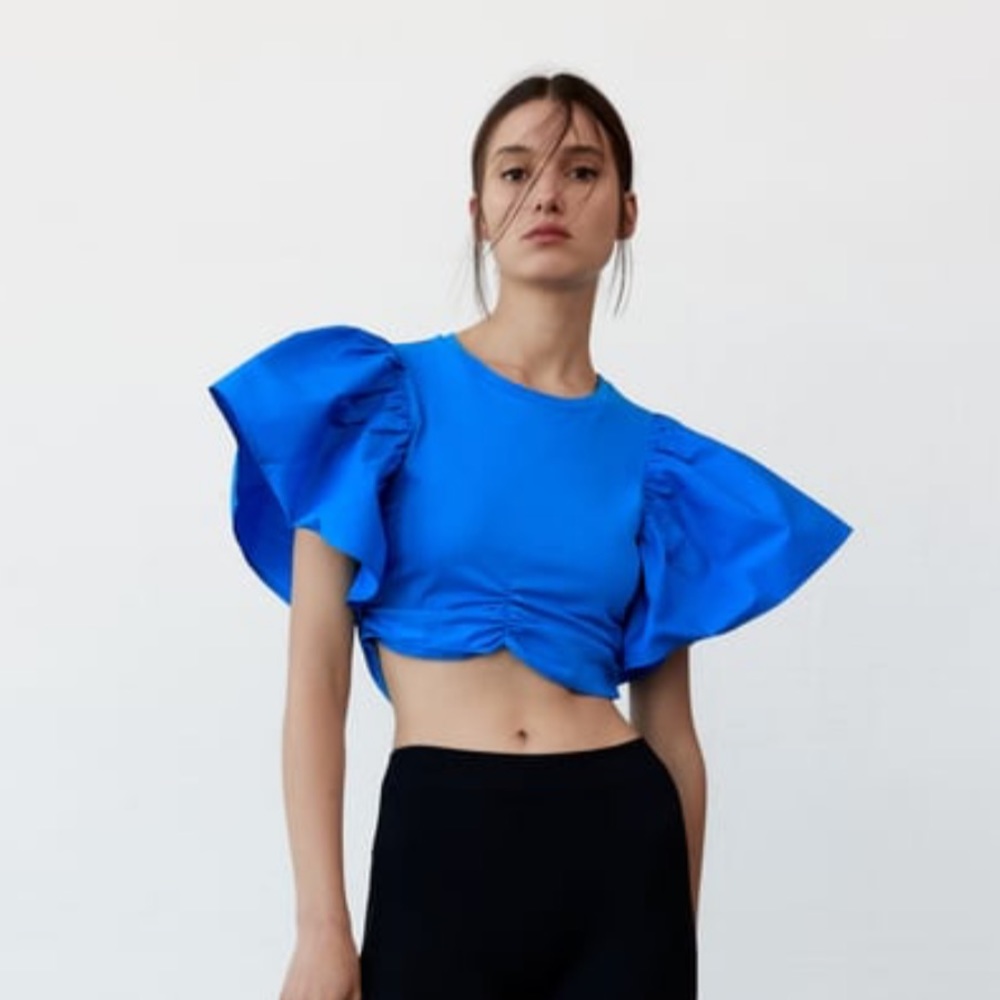 Zara Blue Ruffle Ruched Top Size M - Picture 2 of 8